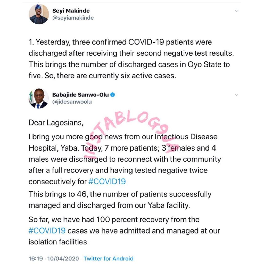 Lagos and #OyoState discharge ten COVID-19 patients