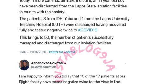 Lagos and Osun State discharge fourteen COVID-19 patients