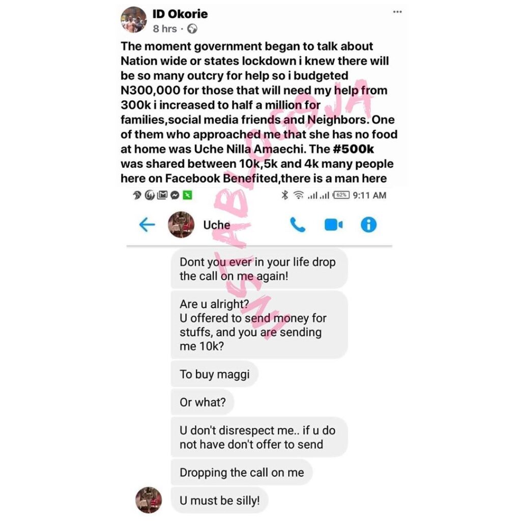 Lockdown: Lady allegedly blasts a man who sent her N10k to stock up. [Swipe]