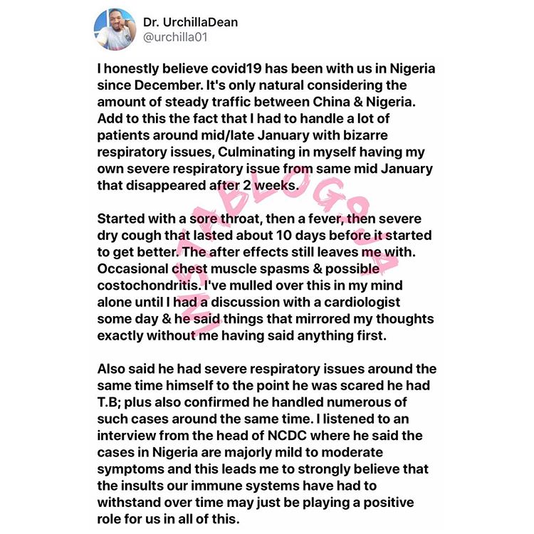 Why I believe covid-19 has been in Nigeria since 2019 - Doctor Urchilla