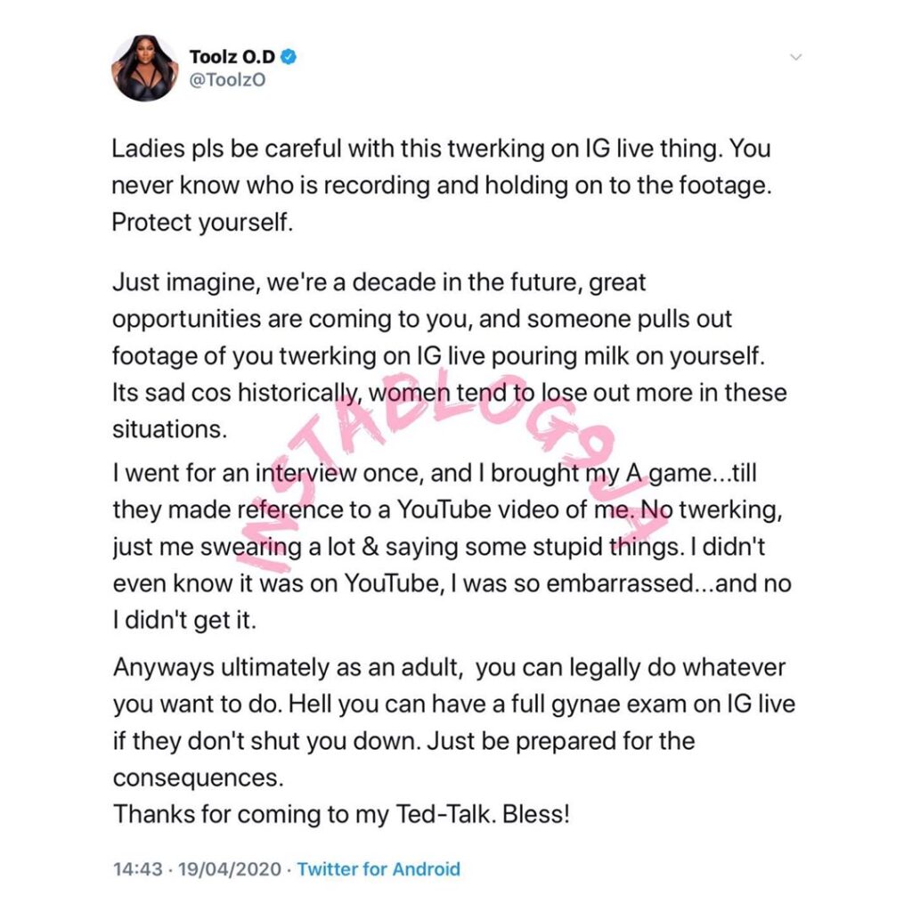 Using her experience as an example, OAP Toolzo advises ladies twerking on IG live
