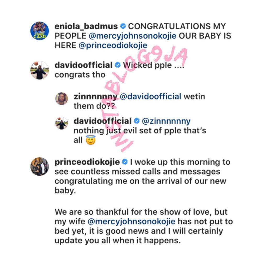 Childbirth: Davido reacts as actress Mercy Johnson’s husband clears the air