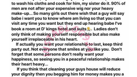 If cleaning your guy’s house would reduce your dignity, then begging him for money would make you a harlot – Lady