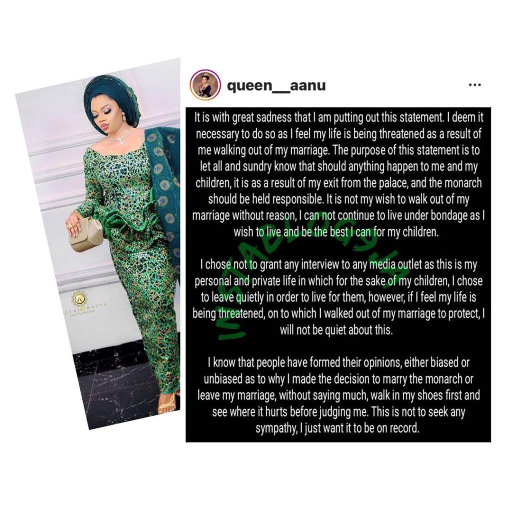 My life is being threatened for walking out of my marriage —Estranged wife of Alaafin of Oyo, Queen Aanu, cries out [Swipe]