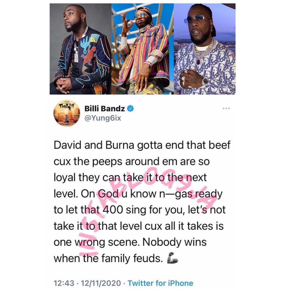 Rapper Yung6ix calls on Davido and BurnaBoy to end their 