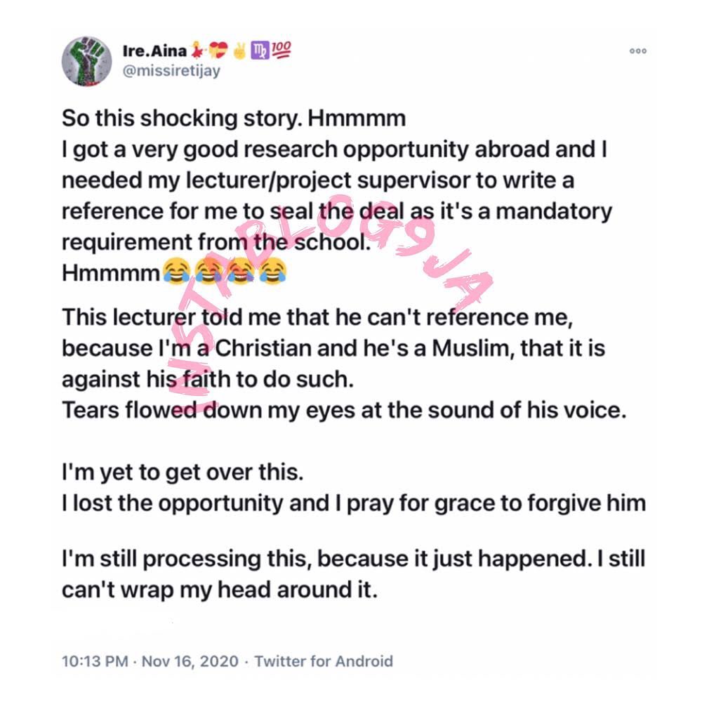 Lady recounts how she allegedly lost a research opportunity abroad because her project supervisor said he can’t reference a Christian
