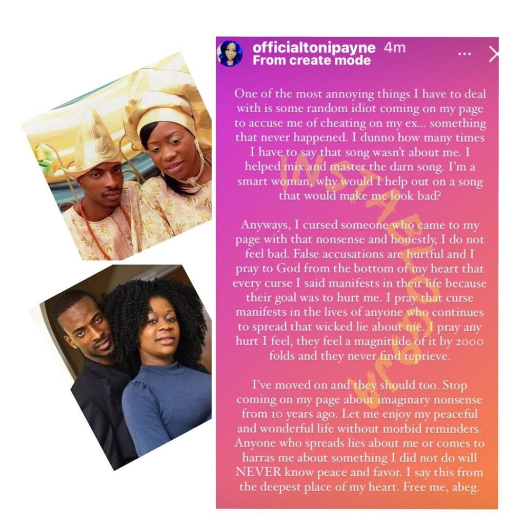 Alleged Cheating Scandal: “Stop harassing me about something I did not do,” Singer 9ice’s ex-wife, Toni Panye, cries out