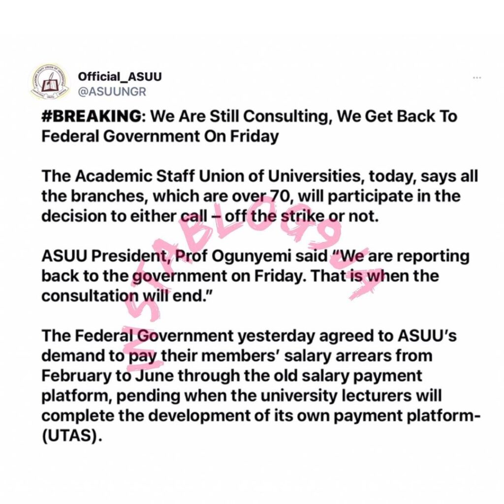 Just In: ASUU to decide whether or not to call off strike on Friday