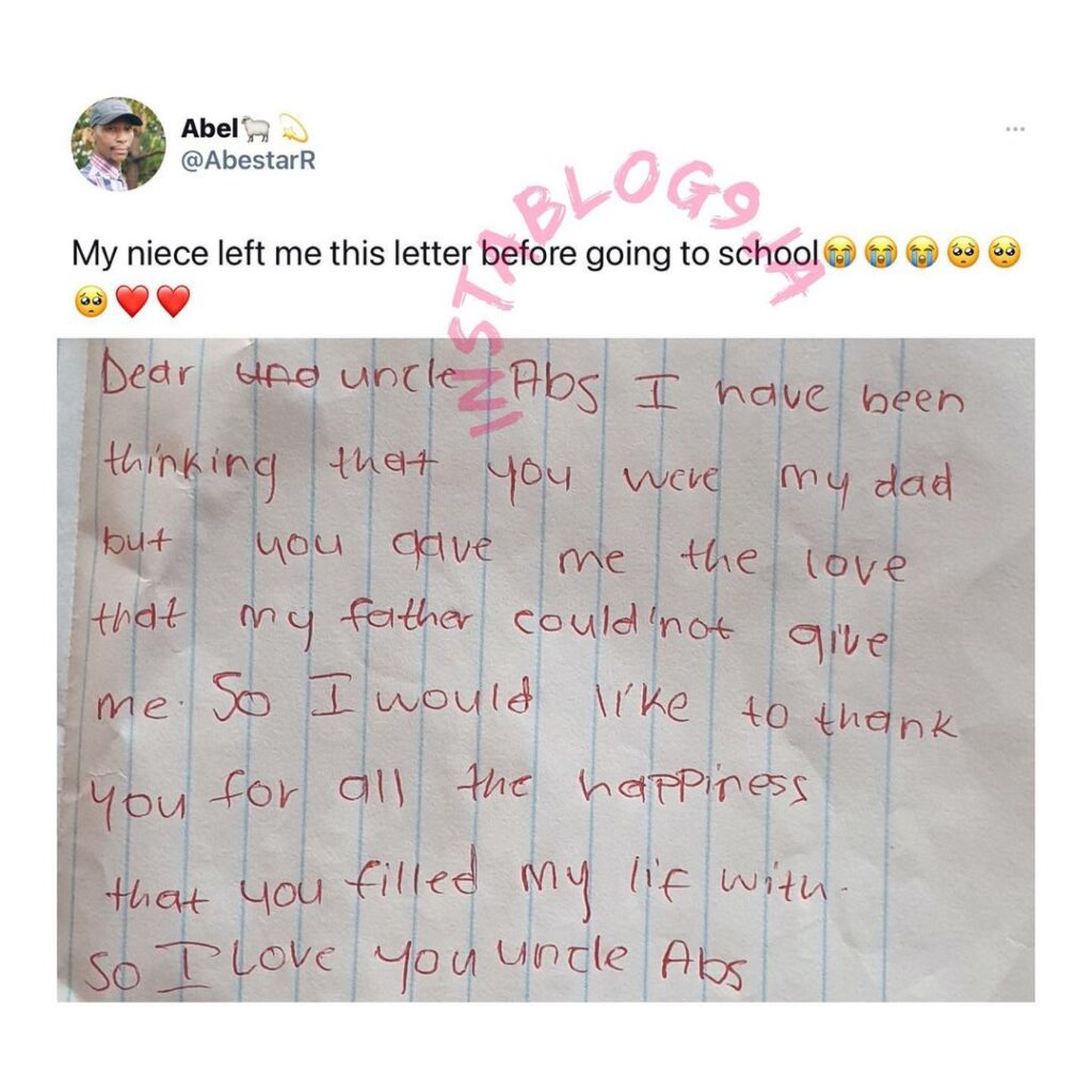 Music enthusiast, Abel, shares the heartwarming letter he received from his niece