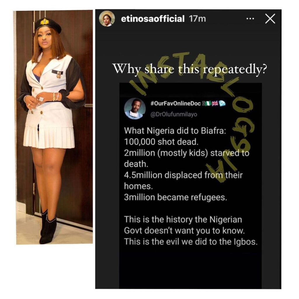 Biafra Day: Actress Etinosa chides UK based Nigerian doctor over his post [Swipe]