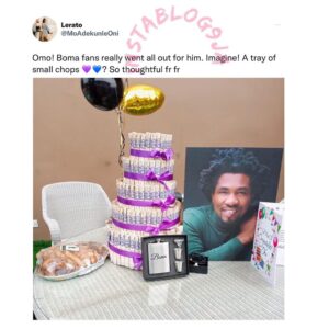 Thoughtful fans of BBN’s Boma gift him a tray of small chops and other complimentary gifts