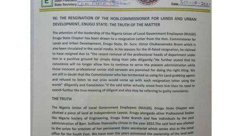 NULGE Reacts to Enugu Lands Commisioner resignation