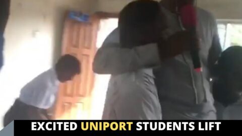 Excited UNIPORT students lift their lecturer after he gave them good scores