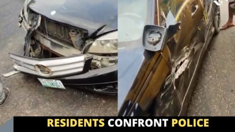 Residents confront police officers who allegedly caused an acc*dent in Lagos
