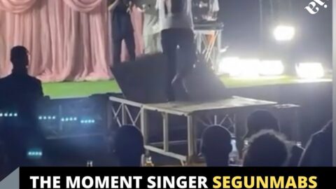 The moment singer Segunmabs fell on stage during an event