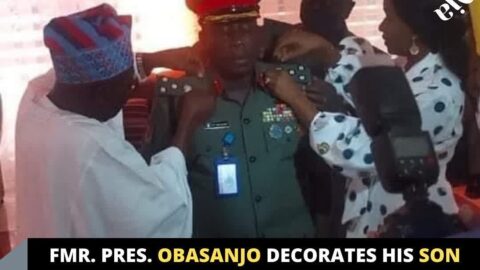 Fmr. Pres. Obasanjo decorates his son with the rank of Brigadier General of the Nigerian Army .