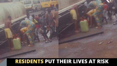 Residents put their lives at r!sk to scoop diesel from a fallen tanker in Alagbado, Lagos