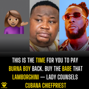 This is the time for you to pay Burna Boy back. Buy the babe that Lamborghini — Lady counsels Cubana Chiefpriest  📹: @rosemary_isong