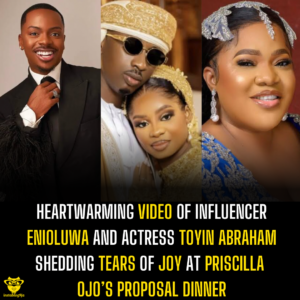 Heartwarming video of influencer Enioluwa and actress Toyin Abraham shedding tears of joy at Priscilla Ojo’s proposal dinner