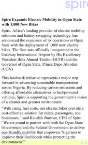 Spiro Expands Electric Mobility in Ogun State with 1,000 New Bikes